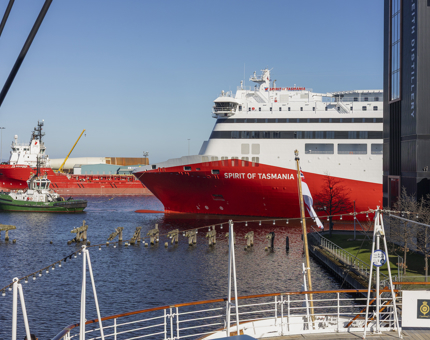 A view of a large ship, Spirit of Tasmania, leaving the Port of Leith. 