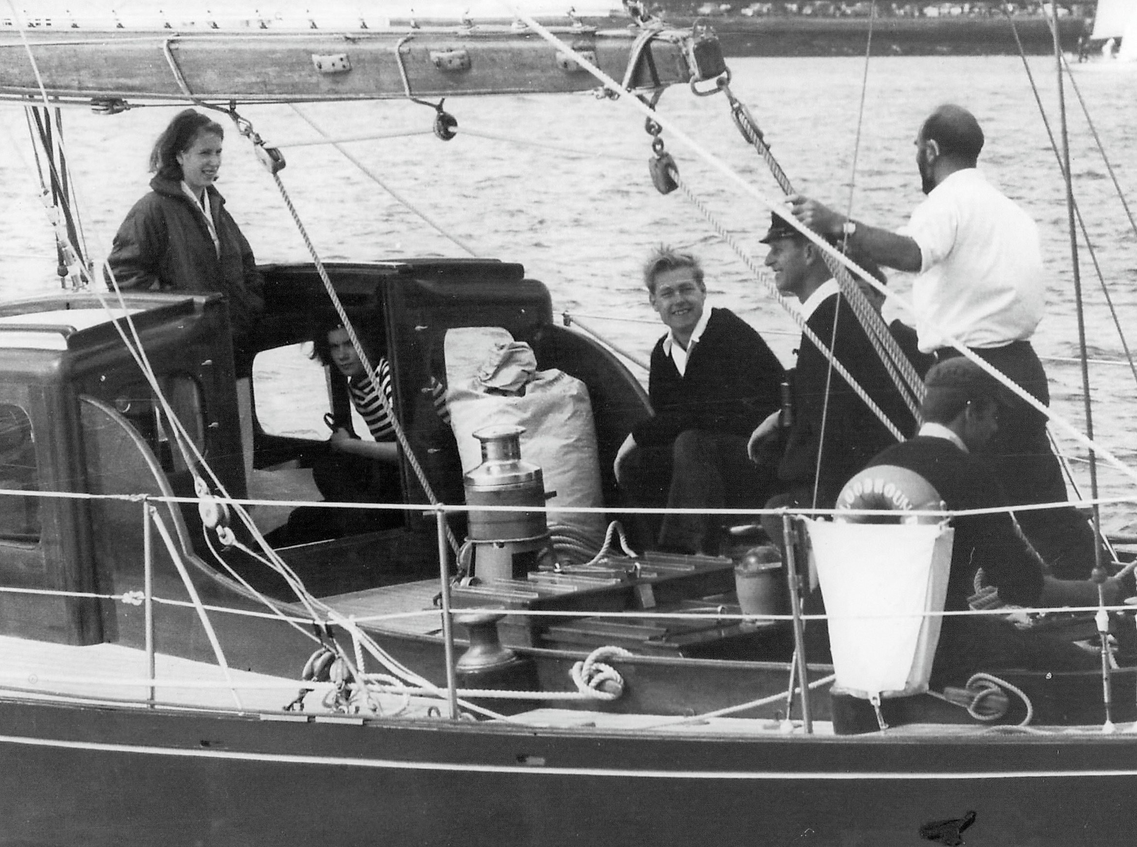 Princess Anne, Prince Philip and the sailing crew aboard Bloodhound. 