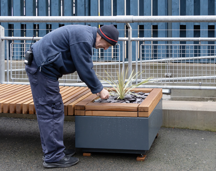 A member of the Facilities Team pruning a plant at a bench on the Quayside at Britannia. 