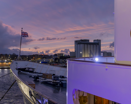 A pink purple sunset at the bow of Britannia.