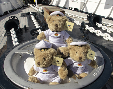 Three cuddly teddy bears in Yottie uniform, wearing a white t-shirt with Royal Yacht embroidered on the front, white and navy blue caps and white shorts. 