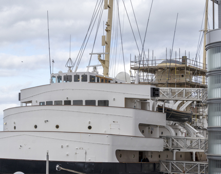The Bridge of Britannia and scaffolding around the ship's Funnel. 