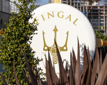 A cream cover on the perry buoy with Fingal's trident logo. There are plants surrounding it. 