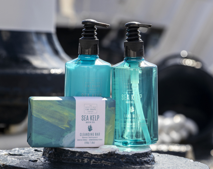 Bath and body products from the Scottish Fine Soaps Company. The products are blue in colour. 