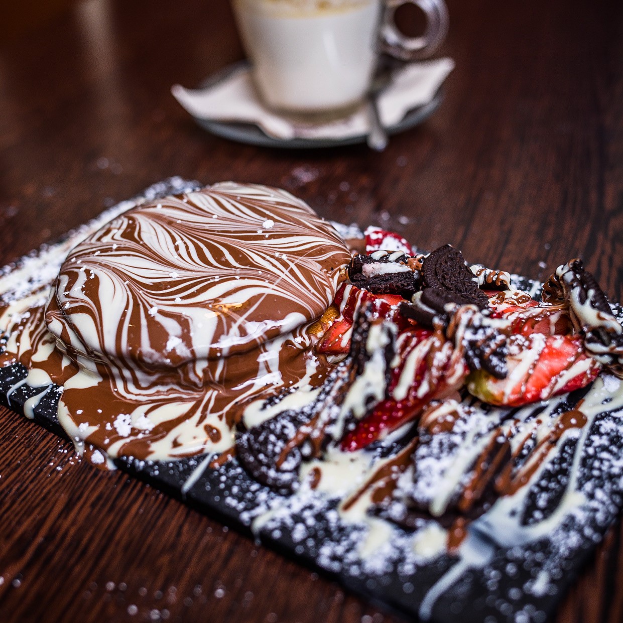 Melted marble chocolate on a board.