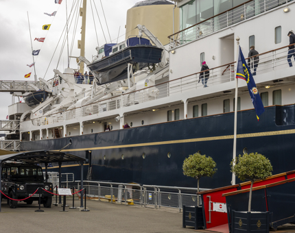 A view of Britannia from the quayside in the Port of Leith. 