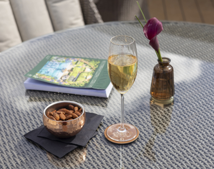 A glass of Champagne, a bowl of nuts and a book are laid out on a table. 