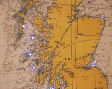 A light up map of Scotland showing the places of the lighthouses Fingal visited. 