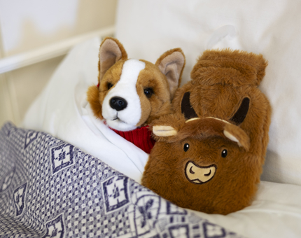 A brown furry Highland cow hot water bottle placed on a bed next to a corgi plush toy.