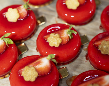 A close up of strawberry cakes to be served at and afternoon tea aboard Fingal. 