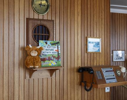 A Scottish nature activity book and Highland cow plush toy displayed in the Sunlounge. 