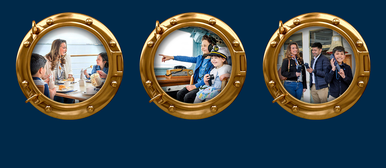 Three golden portholes with images of people in each