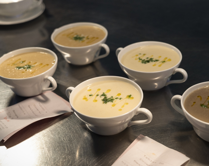 Bowls of soup in the Galley, ready to be served for lunch. 