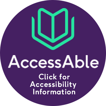 The logo for AccessAble. It is a purple circle with a light blue book symbol. Underneath are the words 'Click for Accessibility Information'.
