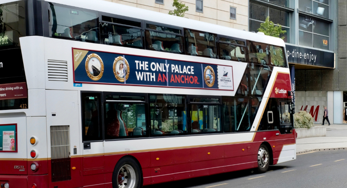 a bus parked outside of Ocean Terminal in Leith