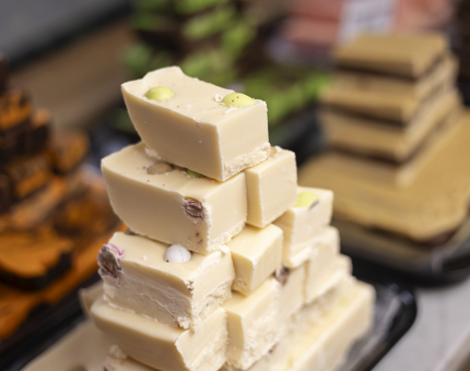 A stack of Mini Egg Easter fudge bars made aboard Britannia in Leith. 