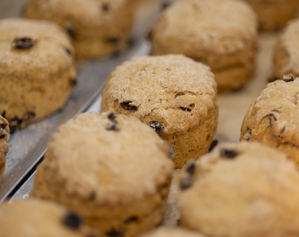 A close up of a tray of fruit scones. 