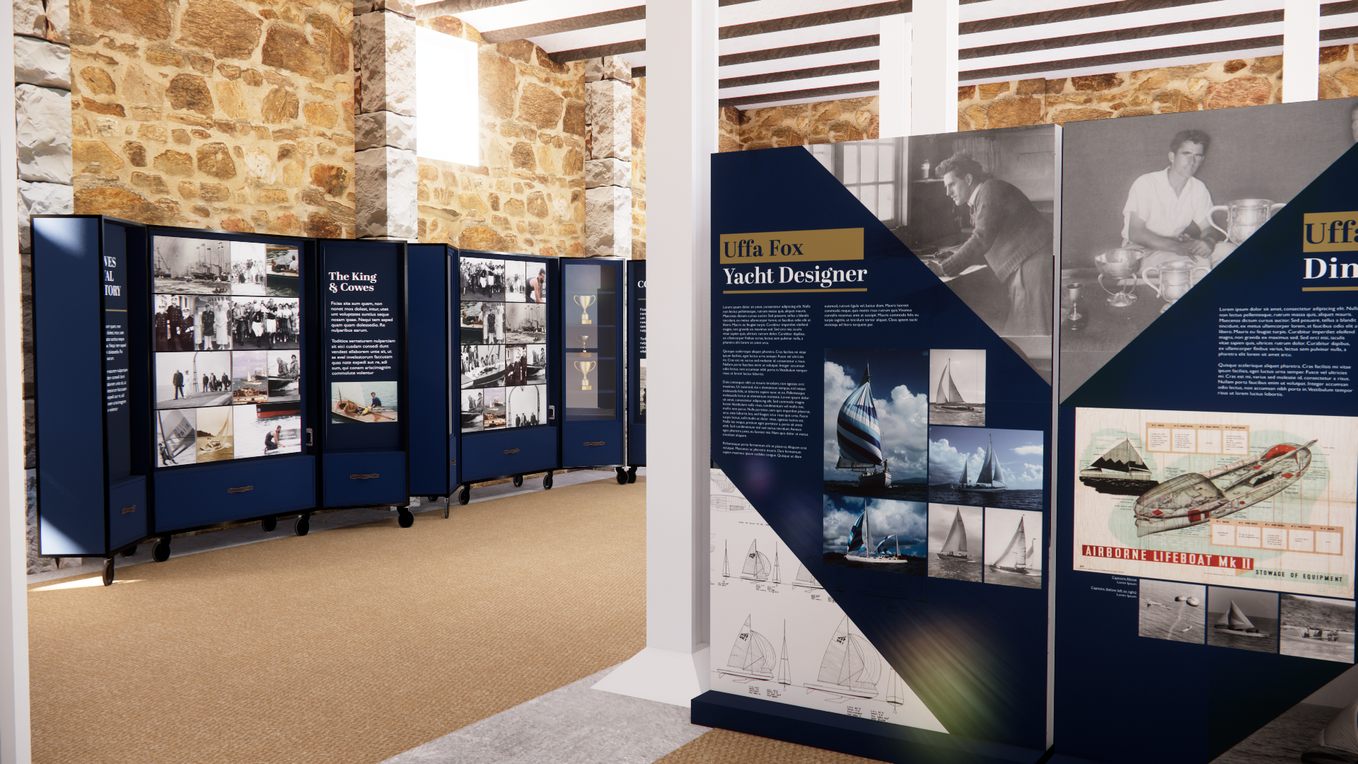Panels sit inside Commodores House on the Isle of Wight for the new exhibition for The Royal Yacht Britannia