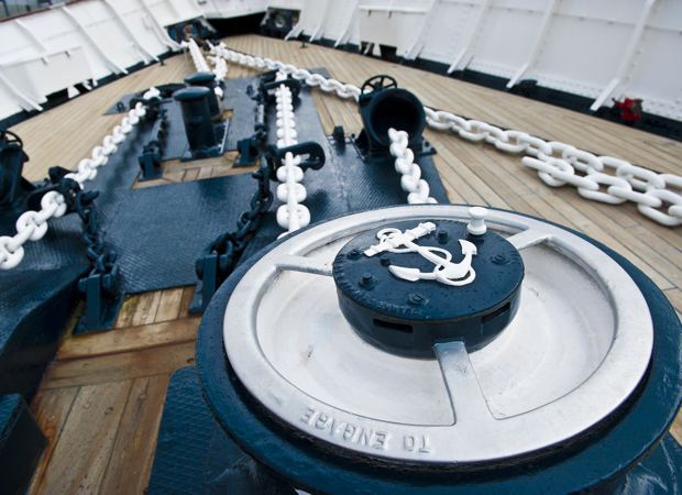 Chains on the front deck of the ship