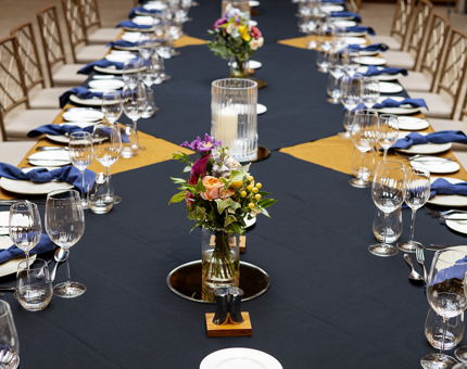 A long table is set for dinner in the Ballroom, Fingal Hotel, Leith. 